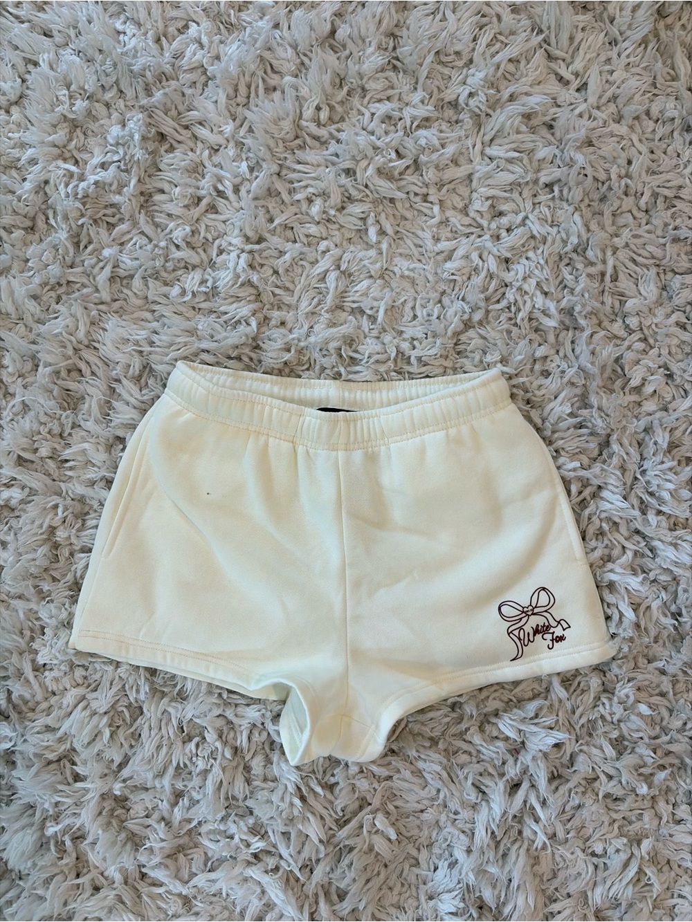 White Fox Boutique Cream Embroidered Bow Athletic Lounge Shorts